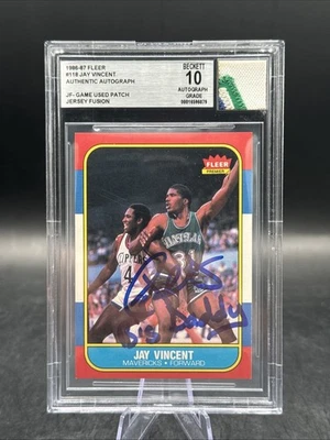 1986-87 Fleer Basketball Jay Vincent #118 Jersey Fusion Game Used BGS 10 AUTO - Image 1 of 2