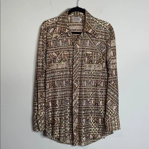 HbarC Vintage Floral Metallic Polyester Pearl Snap Button Western Shirt 15 1/2 - Picture 1 of 7
