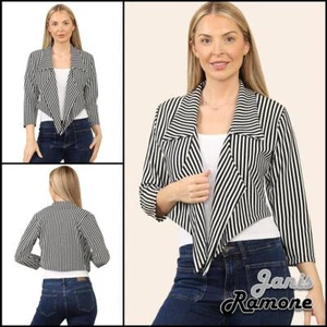 Womens Waterfall Crop Blazer Black White Stripe Print 3/4 Sleeve Open Jacket Top - Picture 1 of 9
