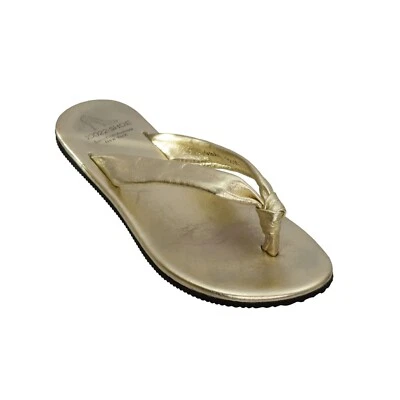 10022 Shoe Saks Fifth Avenue Sandals Womens 7 1/2 Gold Flip Flop Thong Italy Box - Image 1 of 4