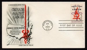 USA, SCOTT # 1263, FLEETWOOD FDC COVER - 1965 CRUSADE AGAINST CANCEL WITH INSERT - Picture 1 of 2