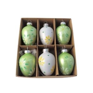 Set of 6 Floral Shiny Easter Egg Decorations with Silver Hanging Twine