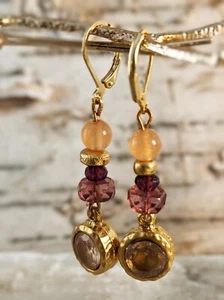 1.7 C Genuine Champagne Yellow Sapphire And Chalcedony Beads Drop Down Earrings - Picture 1 of 6