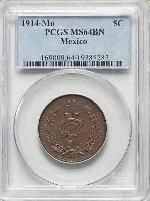 MEXICO ESTADOS UNIDOS 1914  5 CENTAVOS COIN PCGS CERTIFIED UNCIRCULATED MS64-BN - Image 1 of 2