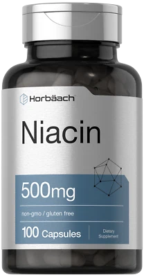 Niacin 500mg | 100 Capsules | Non-GMO, Gluten Free | Vitamin B3 | By Horbaach - Image 1 of 4