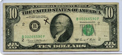 1969C $10.00 FDR NOTE , LOW SERIAL #, AMERICANA - Image 1 of 2
