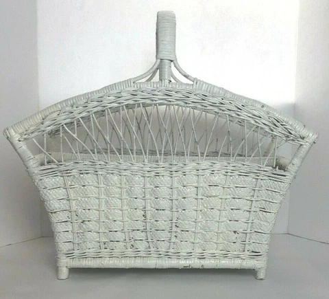 VTG White Rustic Wicker Straw Basket Magazine Holder Rack 19"W-17"H Country Farm Cover