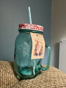 PIONEER WOMAN 22oz SIMPLE HOMEMADE GOODNESS TEAL MASON JAR WITH LID & STRAW NWT - Picture 1 of 5