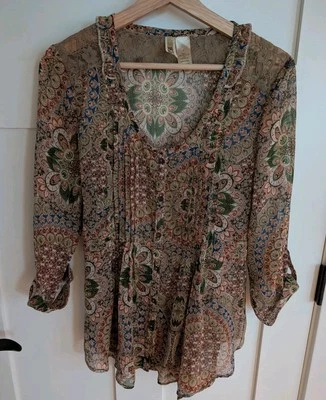 BKE туника верхний рулон вкладка чистый PinTuck женщин L оливковый коричневый кружева цветочный блузка галстук - Изображение 1 из 4