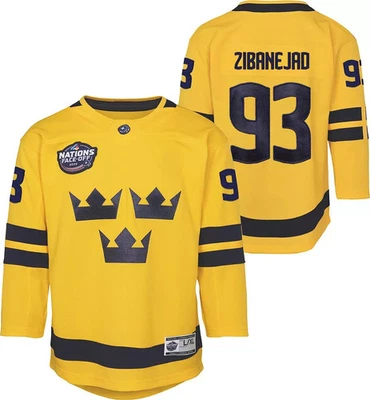 Camiseta deportiva amarilla cara a cara de la NHL Youth Suecia Mika Zibanejad #93 4 naciones talla L/XL Foto 1 de 3