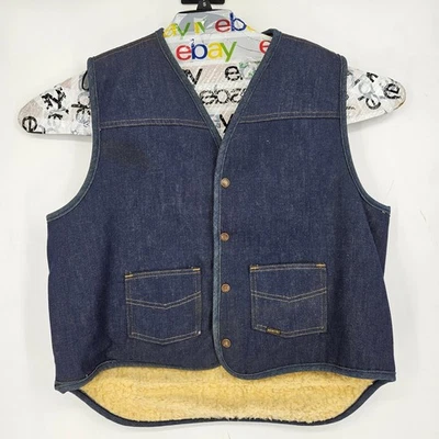 Vintage Roebucks Denim BOA Vest Mens Extra Large 1970s Sears Sherpa Lined - Image 1 of 4