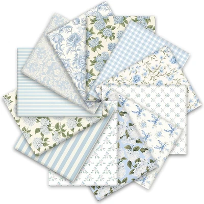 12Pcs Hydrangea Cotton Fabric Bundles 18 X 22 Inch Watercolor Dusty Blue Floral  - Image 1 of 4