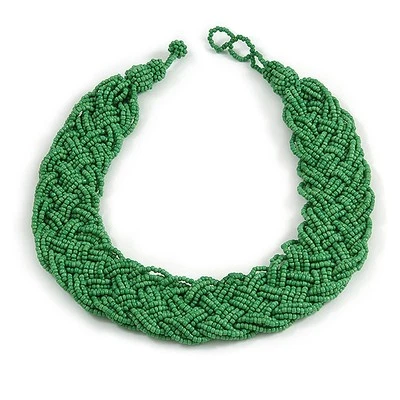 Wide Chunky Apple Green Glass Bead Plaited Necklace - 53cm L - Image 1 of 4