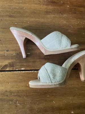 Vintage 70s Wood Wooden Heel Heels Ivory Cross Knit Open Toe Disco Grease Size 6 - Image 1 of 4