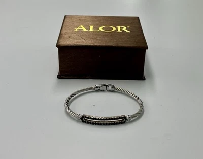 Rare Genuine Alor 14k gold 925 silver bangle cable bracelet with black onyx - Image 1 of 4