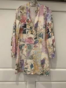 Zara Mini Dress M Floral Parrot Linen Bloggers Fav Patchwork Tropical Vacation - Picture 1 of 5