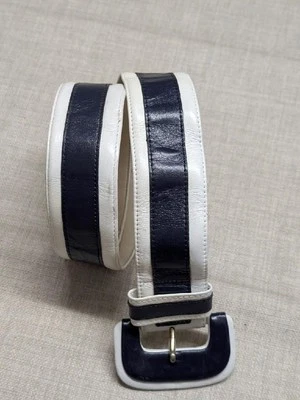 Cinturón vintage años 70 AMPLIO blanco/azul 28 rayas MOD cuero azafata GLAM Foto 1 de 4