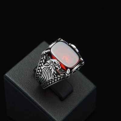 Anillo para hombre de plata de ley 925 piedra circonita roja joyería turca hecha a mano Foto 1 de 4