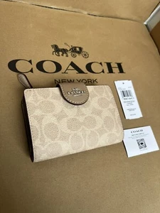 NWT Coach CW786 Medium Corner Zip Wallet Signature Canvas Sand/Taupe Women Ori - Picture 1 of 7