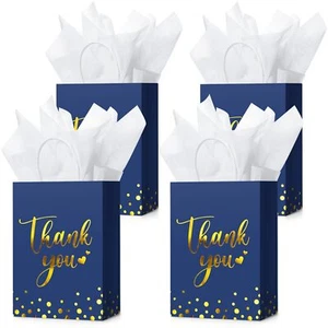 12 Pcs Thank You Gift Bags with Tissue Gold Polka Dots Blue Design for Weddings - Picture 1 of 7