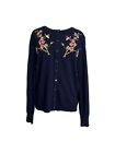 Melrose Chic Cardigan Sweater Sz Large Navy Blue Floral Embroidery Button Front