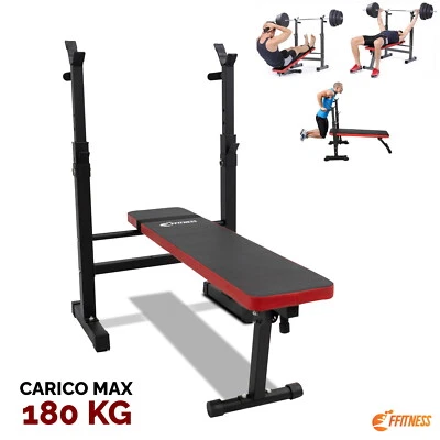 PANCA PER SOLLEVAMENTO PESI MULTIFUNZIONE PIATTA REGOLABILE + PORTA BILANCIERE  - Immagine 1 di 4