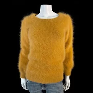 80% Angora Fuzzy Vintage Gold Long-Sleeve Pullover Sweater 32 in bust - Picture 1 of 10