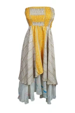 Boho Gypsy Hippy Hi Low Strapless Dress Flared 2 Layer Printed Long Skirts S/M