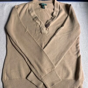 Lauren Ralph Lauren Large Tan Cotton Knit V-Neck Sweater Sz L - Picture 1 of 5
