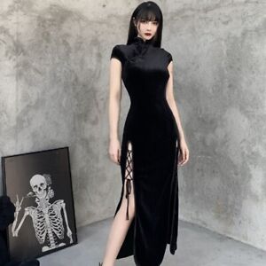 Black Bandage Chinese Style Cheongsam High Split Velvet Dress Retro Long Qipao 