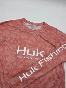 HUK Fishing Long Sleeve Shirt Medium Coral Camo Water Long Sleeve Pullover Mens - Picture 1 of 7