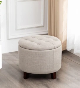 Adeco Round Linen Storage Ottoman Tufted Fabric Footstool with Lid - Beige - Picture 1 of 1