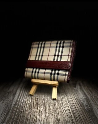 Vintage Burberry Bifold House Check Canvas Burgundy Leather Trim Wallet - Image 1 of 4