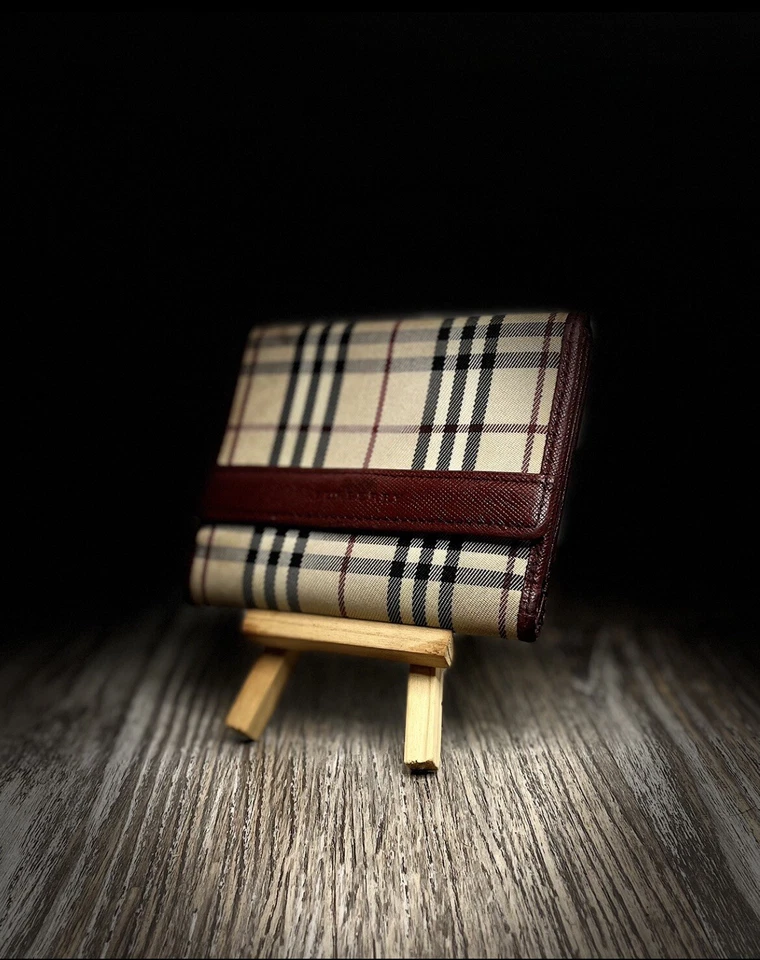 Vintage Burberry Bifold House Check Canvas Burgundy Leather Trim Wallet - Image 1 of 4