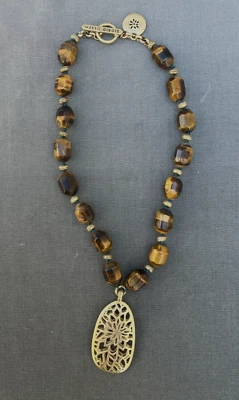 "Collar de colección grueso Sigrid Olsen ojo de tigre piedras preciosas tono dorado colgante 18""" Foto 1 de 4