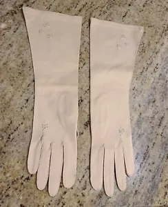 Vintage Size M/ L Tan Cotton Stretch Formal 14.5" Long Gloves Embroidered Flower - Picture 1 of 18