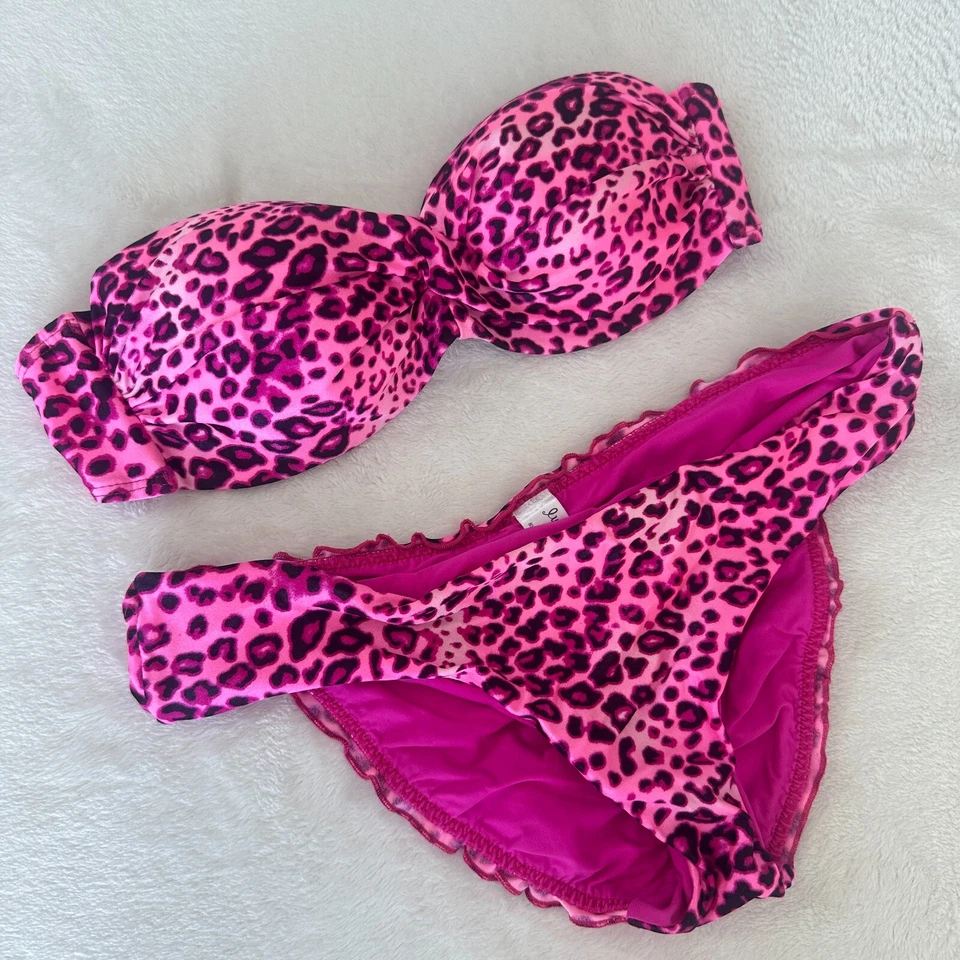 Luli Fama Bikini Pink Leopard Bandeau Push Up Top Ruched Brazilian Bottom - Image 1 of 4
