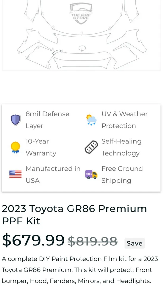 Kit de película de protección de pintura PPF transparente Toyota GR86 2022-2024 (brillo transparente) Foto 1 de 4