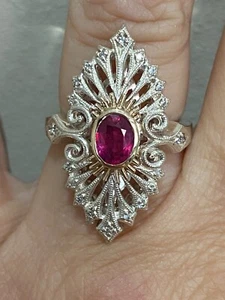 10KT Solid Gold Genuine Oval Ruby & CZ Accented Antique Style Ring Size 7 -9.9gr - Picture 1 of 5