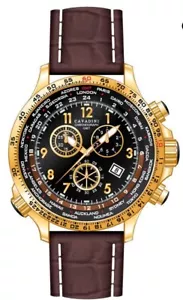 CAVADINI Chronograph Herren Edelstahl, drehbarer GMT-Ring CV-1606 braun gold - Bild 1 von 2