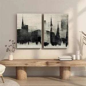 2pcs Modern Black and White Ink Cityscape Wall Art Canvas Unframed - Imagen 1 de 7
