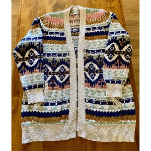 L.L.Bean Women's XLP Fair Isle Knit Cardigan Sweater Pockets Beige Blue EUC - Picture 1 of 9