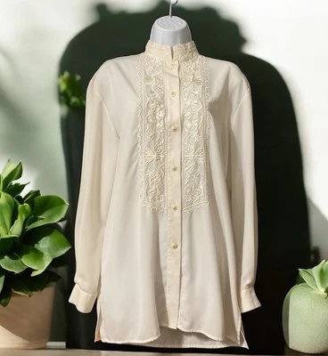 Mujer Informal Esquina Marfil Manga Larga Abotonada Elegante Blusa Poliéster Talla S Foto 1 de 4