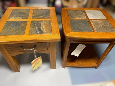 Ashley Furniture 2 End Tables w/ Stone Tile Inserts – Living Room Accent Pair - Image 1 of 4