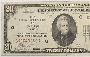 1929 $20 Dollar Federal Reserve Bank Note Chicago National Currency d086 - Picture 1 of 4