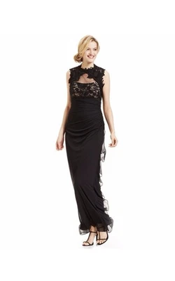 Vestido Betsy & Adam Negro/Desnudo Ilusión Encaje Apliques Cascada Volantes Talla 12 Foto 1 de 4