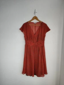 LK Bennett Silk Dress Size 12 Short Sleeve Calf Length Dark Orange & Beige Print - Picture 1 of 10