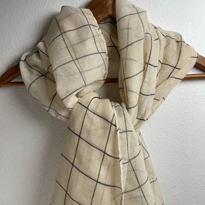 Rachel Pally Natural Grid Scarf Wrap in Black Cream Beige Plaid Check Fringe - Image 1 of 4