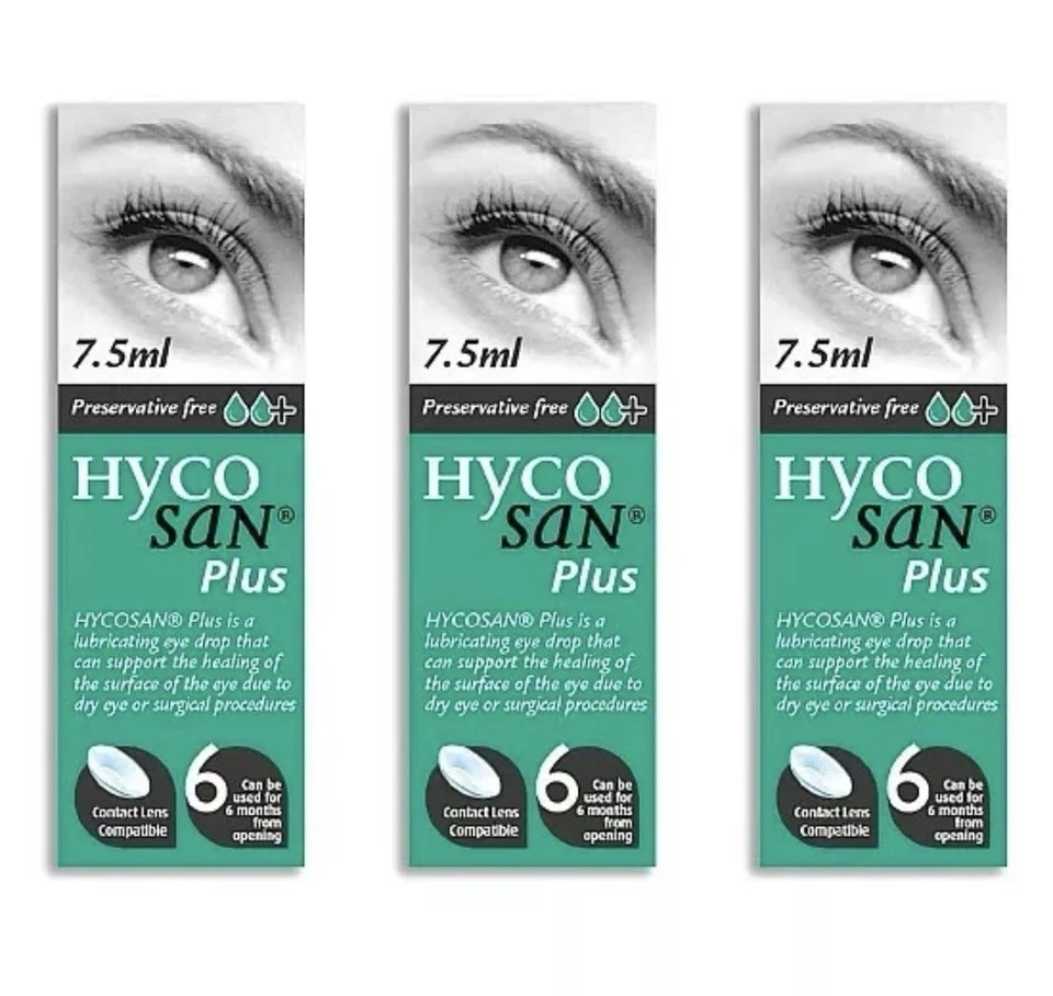 3x Hycosan Plus Preservative Free Eye Drops - Dry Eye Soothing Relief 7.5ml