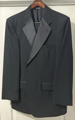 BILL BLASS SMOKING PARA HOMENS 44 X 36 PRETO TERNO FORMAL DE 1 BOTÃO LÃ CUMBERBUN - Imagem 1 de 4